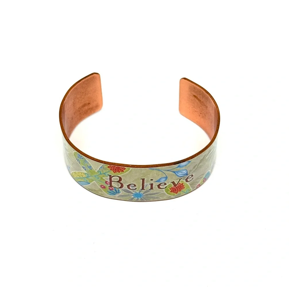 Copper Inspirational Cuff Bracelet Floral Believe